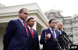 Los legisladores Marco Rubio, Rick Scott, Mario Diaz-Balart y el gobernador de Florida Ron DeSantis, hablan a los reporteros tras reunirse con Trump para hablar sobre Venezuela. el 22 de enero de 2019.